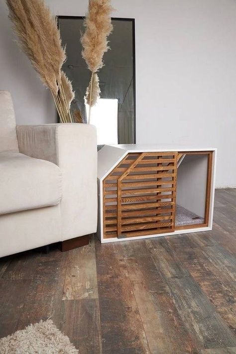 Dog Home Idea, Hidden Dog Crate, Dog House Decor, Decorative Dog Crates, Dog Room Decor, Wood Dog Crate, Dog Bedroom, Dog Ideas For The Home, Dog Spaces