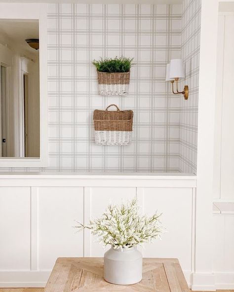 Love vs. Design on Instagram: "You and your happy place. Some things just go together. ⠀⠀⠀⠀⠀⠀⠀⠀��⠀ Other things that go together: wallpaper with board and batten. We love this traditional combination and its style, like in this living room space from @life_with_krystal featuring our Basic Plaid wallpaper. It just makes us, well, happy! ⠀⠀⠀⠀⠀⠀⠀⠀⠀ Where’s your happy place? ⠀⠀⠀⠀⠀⠀⠀⠀⠀ Wallpaper: Basic Plaid by @lovevsdesign Photo: @life_with_krystal" Wallpaper With Board And Batten, Plaid Living Room, Together Wallpaper, Place Wallpaper, Plaid Wall, Things That Go Together, Plaid Wallpaper, Things That Go, Living Room Spaces