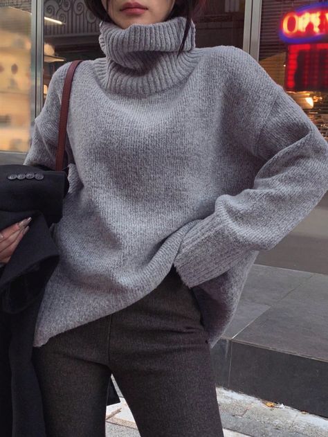 Grey Casual Collar Long Sleeve Knitwear Plain Pullovers Embellished Medium Stretch  Women Clothing Slouchy Sweater Outfits, Light Grey Sweater Outfit, Grey Pullover Outfit, Palette Aesthetic, Grey Sweater Outfit, Grey Knitwear, Pullovers Outfit, Knitwear Outfit, Light Grey Sweater