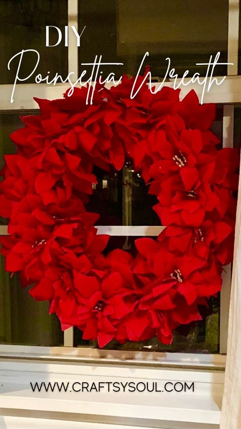 DIY Red poinsettia wreath Dollar Tree Christmas Wreaths Poinsettia, Wreaths With Poinsettias, Pointsetta Wreath Diy, Diy Poinsettia Wreath, Poinsettia Decorating Ideas, Poinsettia Wreath Diy, Poinsettia Wreath Tutorial, Diy Poinsettia, Poinsettia Tree