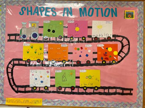 This is a great idea when learning about shapes and colors. My preschoolers loved the idea of creating a train with their art. We read the book “The Shape of Things” and learned about all the shapes around us. Then, they drew what they wanted using a variety of art materials. Shape Bulletin Boards Preschool, Shapes For Preschool, Preschool Bulletin, Preschool Bulletin Boards, Shapes Preschool, Shapes And Colors, Preschool Teacher, Board Ideas, The Shape