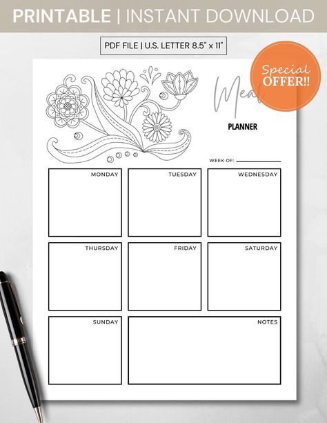 Printable Weekly Meal Planner, Digital Download Grocery List, Coloring Meal Prep Organizer, Instant PDF Download by DigiDesignFindsCo on Etsy Printable Weekly Meal Planner, Hole Punches, Weekly Meal Planner, Planner Digital, Planner Design, Grocery Lists, Grocery List, Meals For The Week, Meal Planner