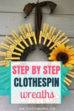 How to make a clothespin wreath. DIY instructions to make it your own: springtime wreath, or sunflower wreath, or more.  Clothespin wreaths are simple, easy and cheap. And looks adorable!   #wreaths #DIY #crafts #sunflowermom Clothespin Wreath Diy, Springtime Wreath, Sunflower Wreath Diy, Clothespin Diy Crafts, Clothespins Diy, Clothespin Wreath, Clothespin Art, Sunflower Crafts, Clothes Pin Wreath