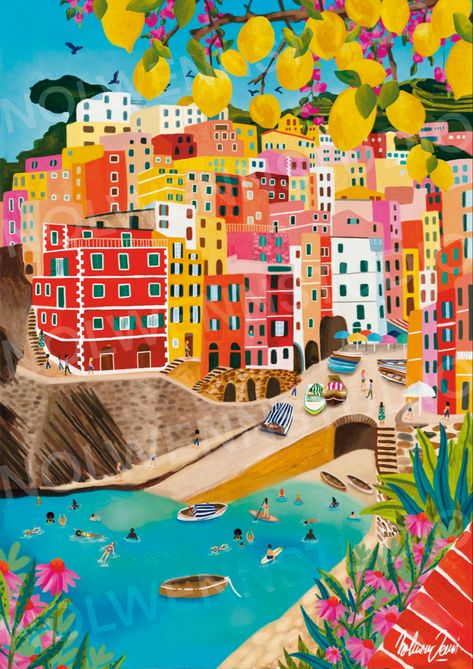 Cinque Terre Art Print, Travel Artwork Wall Art, Italy Illustration Art, Cinque Terre Painting, City Illustration Art, Emily Powell, Procreate Aesthetic, Riomaggiore Cinque Terre Italy, Travel Illustration Art