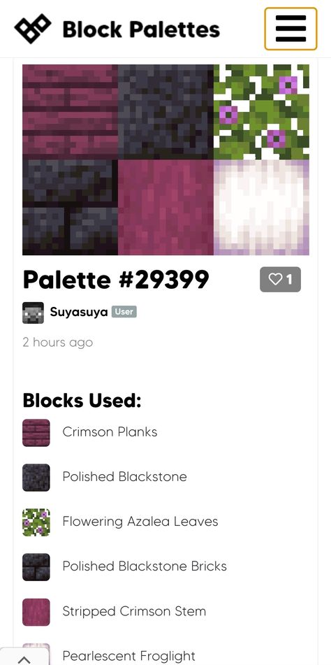 Block Pallette Ideas Minecraft, Nether Block Palette, Minecraft Jungle Pallete, Minecraft Birch Palette, Minecraft Block Palette Aesthetic, Minecraft Palette Ideas, Minecraft Color Schemes, Goth Minecraft Ideas, Minecraft Block Palette Dark