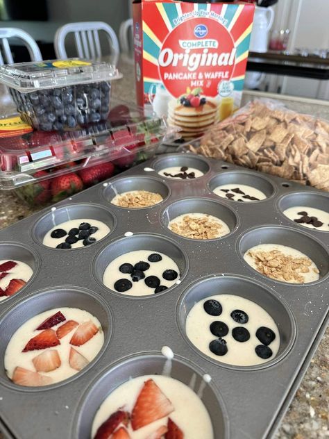 Create your own Pancake Muffins Pancake Muffin Mix Recipe, Make Ahead Pancake Muffins, Oven Pancake Recipe Muffin Tins, Pancake Cups Muffin Tins, Cinnamon Pancake Muffins, Pancakes In The Oven Muffin Tins, Pancakes In A Muffin Tin, Breakfast In A Muffin Tin, Krusteaz Pancake Mix Muffins