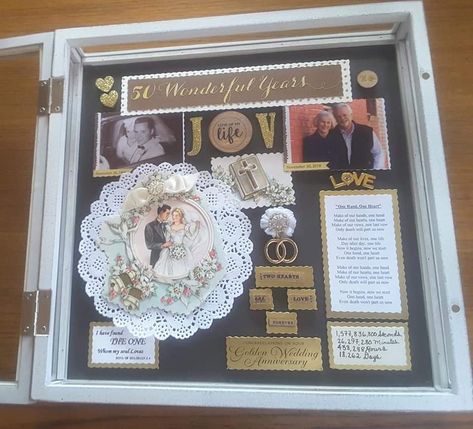 I created this shadow box for a couple for their 50th wedding anniversary. 50th Anniversary Shadow Box Ideas, Anniversary Shadow Box, Shadow Box Ideas, Wedding Shadow Box, Anniversary Ideas, Craft Day, Creative Stuff, Birthday Box, 50th Wedding Anniversary