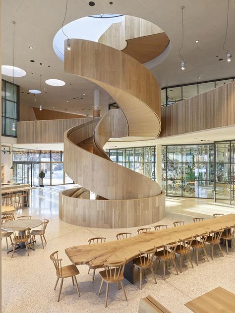 Visitor Center Architecture, Atrium Design, Spiral Staircases, German Architecture, Dormer Windows, Wooden Staircases, Spiral Stairs, Modular Building, Glass Facades