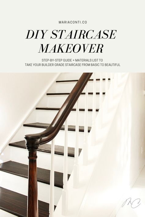 A step-by-step guide and materials list to transform your builder grade oak staircase on a budget. 90s Oak Staircase Makeover, Oak Staircase Makeover, Diy Staircase Makeover, Oak Staircase, Diy Staircase, Removing Carpet, Staircase Makeover, High Gloss Paint, Builder Grade