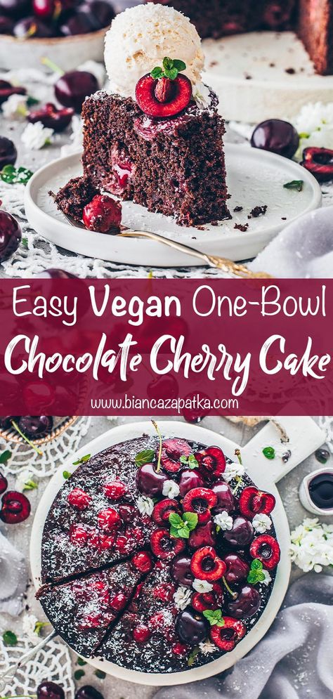 Vegan Chocolate Cherry Cake (Easy Recipe) Cherry Sponge Cake Recipe, Vegan Chocolate Cherry Cake, Vegan Cake With Fruit, Vegan Cherry Recipes, Vegan Cherry Cake, Vegan Cherry Desserts, Cherry Recipes Vegan, Cherry Chocolate Recipes, Cake Easy Recipe