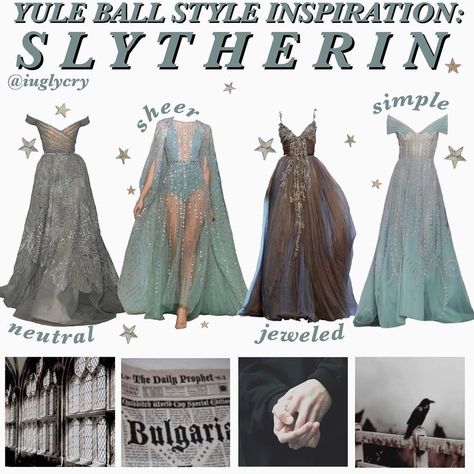 stella’s Instagram photo: “yule ball inspiration styles for each house!! swipe to see all the houses and tell me what u pick, (my fav is jeweled slytherin)” Yule Ball Dress Slytherin, Hogwarts Yule Ball, Slytherin Yule Ball, Slytherin Dress, Yule Ball Dresses, Yule Ball Outfits, Yule Ball Dress, Fairy Academia, Ball Inspiration