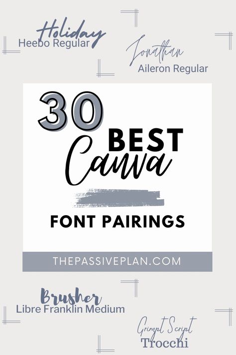 30 Best Canva Font Pairings: All You Need To Create An Instant Impact On Your Designs | The Passive Plan Script Font Combinations, Modern Font Pairings Canva, Font Pairing Logo, Open Sans Font Pairing, Classic Font Pairings, Canva Script Font Pairings, Script And Serif Font Pairing, Modern Font Combinations, Canvas Fonts Combinations