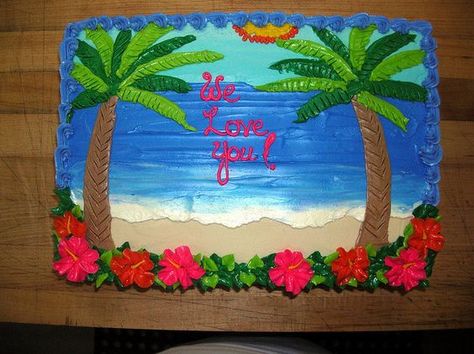 sheet cakes with palm trees - Google Search Hawaiian Birthday Cake For Women, Beach Theme Sheet Cake, Palm Tree Cakes, Hawaiian Cake, Beach Themed Cakes, Savory Cakes, Sheet Cake Designs, Beach Cake, Birthday Sheet Cakes