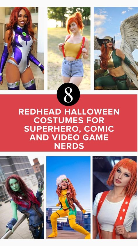 If you enjoy comics, superhero movies, and video games it’s time to channel your inner nerd and rock this Halloween. Iconic Red Head Characters, Work Appropriate Superhero Costumes, Video Game Halloween Costume, Red Skirt Costume Ideas, Diy Hero Costumes Women, Gaming Halloween Costumes, Redhead Cosplay Ideas, Halloween Costume Ideas For Redheads, Nerdy Halloween Costumes Women