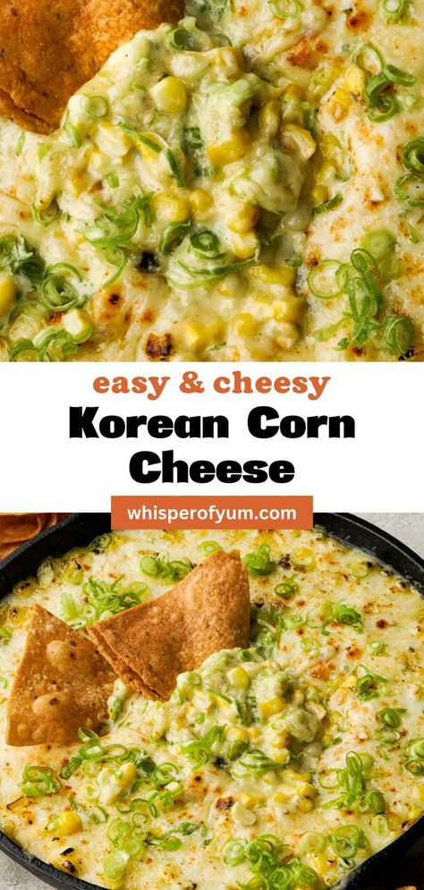 Korean corn cheese made with sweet corn, butter, jalepeno, mayonnaise, miso, pepper jack cheese, scallions, salt, pepper and topped with tortilla chips for dipping Korean Cheese Corn, Korean Corn Cheese Recipe, Korean Corn Cheese, Korean Corn, Barbecue Side Dishes, Delicious Dips Recipes, Corn Cheese, Corn Dishes, Korean Side Dishes