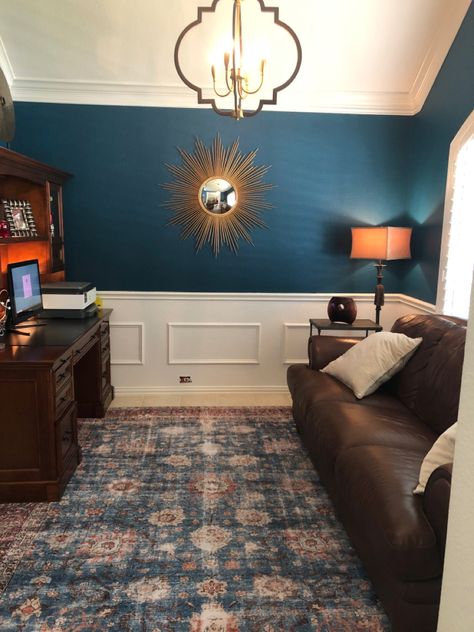 We are transforming our formal dining room into a den/office and painted it this amazing peacock blue paint color! It is called Under the Stars by Magnolia. More work to do, but love this color! Jewel Toned Blue Paint, Blue Paint Home Office, Dark Peacock Paint Color, Peacock Blue Wall Paint, Peacock Blue Dining Room, Peacock Blue Paint Colors, Whole Room Painted One Color, Peacock Blue Room, Peacock Blue Living Room