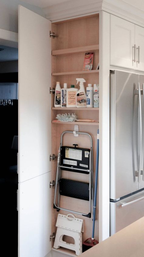 5 Genius Ways to Hide a Step Stool | QualityBath.com Discover Cleaning Supply Organization, Gömda Rum, Supply Organization, Cleaning Closet, Organization And Storage, Pantry Design, Kitchen Inspiration Design, Kitchen Cabinet Design, Kitchen Remodel Idea