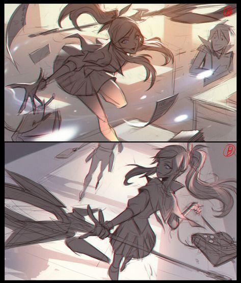 Dynamic Anime Art, Splash Art Poses, Battle Academia, Dynamic Posing, Thumbnail Sketches, Concept Art Tutorial, Splash Art, Composition Design, Concept Art Drawing