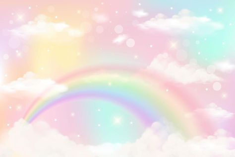 Holographic fantasy rainbow unicorn background with clouds. Pastel color sky. Magical landscape, abstract fabulous pattern. Cute candy wallpaper. Vector. Pastel Colors Background Landscape, Cute Wallpapers For Pc, Pastel Rainbow Background, Wallpaper Unicorn, Background Unicorn, Unicorn Backgrounds, Unicorn Background, Candy Wallpaper, Magical Landscape