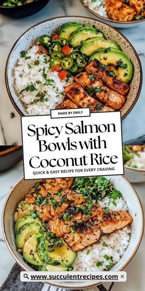 Savor Vibrant Spicy Salmon Bowls with Coconut Rice and Avocado for a refreshing twist on a classic! The creamy avocado and spicy salmon pair perfectly with the sweet coconut rice, making every bite a delight. Salmon Recipes Cilantro, Lifesum Recipes Healthy Meals, Things To Go With Salmon, Low Calorie Dinner Bowls, Crispy Sriracha Salmon Bowls, Salmon With Curry Sauce, Air Fryer Salmon Meal, Good Healthy Fish Recipes, Healthy Dinner Ideas Salmon