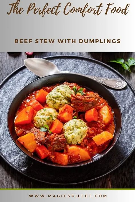 Slow cooker beef stew with dumplings is the perfect comforting meal. Enjoy the ease and convenience of this fuss-free recipe, made with flavorful ingredients and fluffy dumplings. #slowcooker #crockpot #beefstew #dinner #dumplings #homemade #recipes #food #cooking #comfort #hearty Crockpot Beefstew, Dinner Dumplings, Dumplings Homemade, Bisquick Dumplings, Stew With Dumplings, Slow Cook Beef Stew, Beef Stew With Dumplings, Fluffy Dumplings, Stew And Dumplings