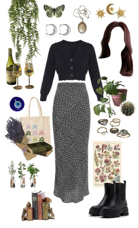 Witchy Librarian Aesthetic, Witchy Vibes Aesthetic Outfits, Garden Witch Aesthetic Outfit, Modern Witchy Outfits, Casual Witchy Outfit, Witchy Work Outfit, Practical Magic Outfits Aesthetic, Witchy Autumn Outfits, Casual Witch Outfit