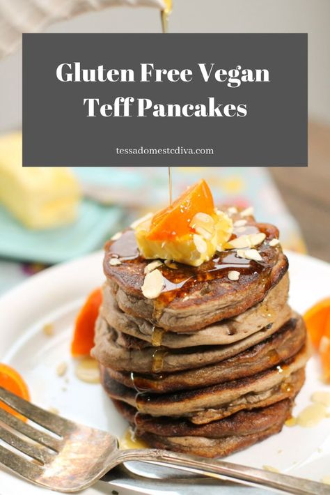 Gluten Free Vegan Teff Pancakes #glutenfreepancakes #glutenfreeveganpancakes #glutenfreeeggfreepancakes #teffrecipes #easyglutenfreepancakes#glutenfreepancakerecipe Gluten Free Egg Free Pancakes, Teff Pancakes, Vegan Gluten Free Pancakes, Teff Recipes, Fresh Butter, Teff Flour, Eating Breakfast, Gluten Free Recipes For Breakfast, Gluten Free Pancakes