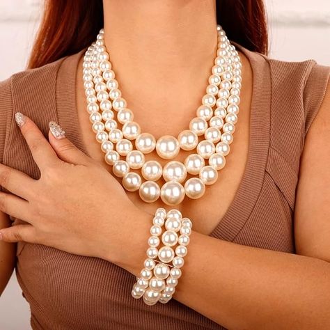 Amazon.com: Wiwpar 3PCS Large Layer White Pearl Necklace for Women Chunky Pearl Necklace Bracelet and Earrings Jewelry Set 1920s Pearl Necklace Gatsby Accessories Weeding (white) : Clothing, Shoes & Jewelry Gatsby Accessories, Chunky Pearl Necklace, Layered Pearl Necklace, Chunky Pearls, White Clothing, White Pearl Necklace, Weeding, White Pearl, Necklace For Women