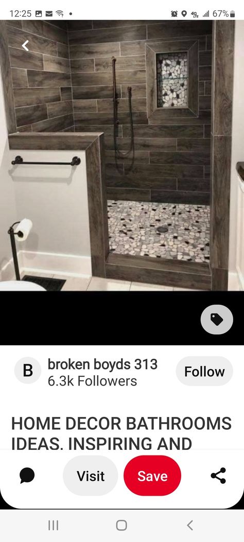 Grey Rustic Bathroom, Dark Stone Shower Ideas, Natural Stone Bathroom Ideas, Wood Shower Walls, Gray And Brown Tile Shower Ideas, Rustic Walk In Shower Ideas River Rocks, Barnwood Tile Shower Ideas, Pebble Stone Shower Floor Rustic, Rustic Renovations