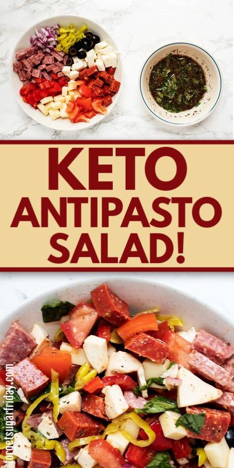 You are going to LOVE this easy keto recipe: Keto Antipasto Salad! It is so fresh, flavorful, and delicious and can be made with a handful of simple ingredients. It's a great keto appetizer or keto side dish and packed with a variety of delicious meats, cheeses, and keto vegetables and tossed in a delicious keto dressing accented with fresh basil. Serve also for keto lunch and keto dinner. Great low carb lunch and low carb dinner too! Keto Antipasto Salad, Keto Antipasto, Keto Dressing, Beef Bowl Recipe, Chicken Carbonara Recipe, Bowl Recipes Easy, Keto Side Dish, Bacon Cheeseburger Casserole, Keto Vegetables