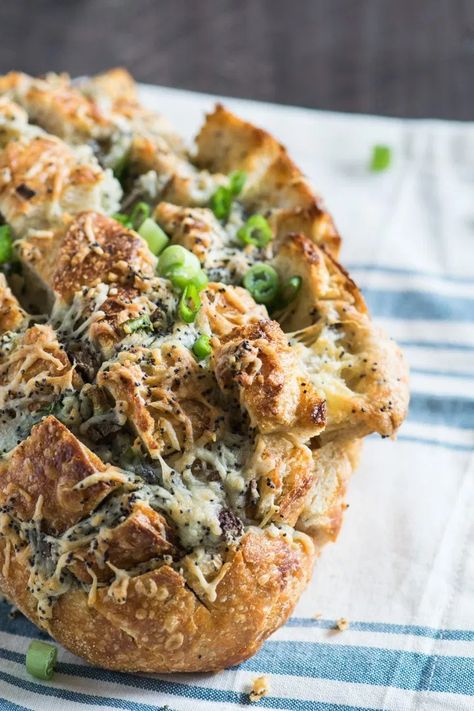 Cheesy Swiss & Mushroom Pull-Apart Bread Pull Apart Bread Appetizer, Cheesy Pull Apart Bread, Slow Cooker Desserts, Bread Appetizers, Pull Apart Bread, Food Stamps, Cheese Lover, Great Desserts, Pull Apart