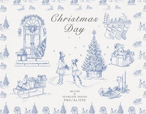 Christmas Toile, New Year Tree, New Years Tree, New Year Illustration, Japan Illustration, Toile Pattern, Blue Chinoiserie, Illustration Noel, Holiday Clipart