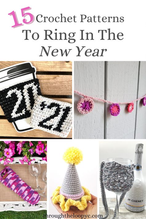 15 Crochet Patterns To Ring In The New Year | Through The Loop Yarn Craft New Years Crochet Patterns Free, New Years Crochet, Unique Crochet Patterns, Crochet Cup Cozy, Crochet Garland, Crochet Patterns Free, Yarn Craft, Crochet Wall Hangings, Ring In The New Year