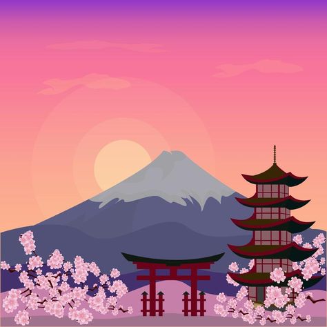 Gunung Fuji, Sakura Painting, Japanese Icon, Japan Graphic Design, Graphic Design Vector, Japan Temple, Studio Ghibli Background, Fuji Mountain, Monte Fuji