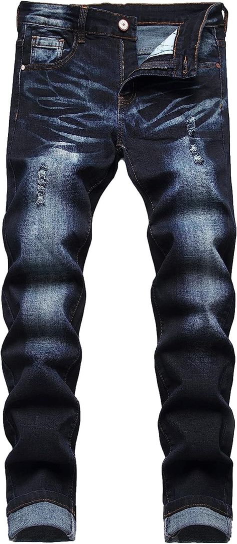 JUNBAOSS Men's Slim Fit Stretch Jeans Ripped Skinny Jeans for Men, Distressed Straight Leg Fashion Comfort Flex Waist Pants Slim Fit Ripped Jeans, Ripped Jeans Men, Stretch Denim Pants, Jeans Ripped, Jeans For Men, Patched Jeans, Straight Fit Jeans, Slim Fit Men, Denim Fabric