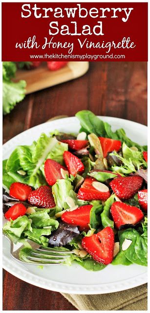 Strawberry & Greens Salad with Honey Vinaigrette ~ a flavorful and beautifully eye-catching ﻿salad starring Spring's little red beauties! #strawberries #strawberrysalad #springsalad #favoritesalads #saladrecipes  www.thekitchenismyplayground.com Easter Salad Recipes, Honey Vinaigrette, Greens Salad, Fresh Summer Salad, Superfood Salad, Easy Holiday Recipes, Healthy Recipes On A Budget, Strawberry Salad, Spring Salad