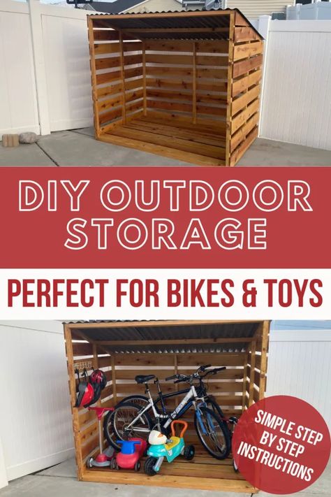 Cheap DIY Outdoor Bike Storage - You Can DIY Blog Bike Storage Small Space, Kids Bike Storage, Garden Bike Storage, Bicycle Storage Shed, Diy Outdoor Toys, Outdoor Toy Storage, Outdoor Bike Storage, Bike Storage Garage, Bike Storage Solutions