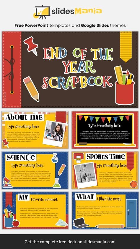 This scrapbook template is perfect for an end of the year activity. Ask your students to reflect on their learning journey. You can ask them what they liked, what was hard, or they can add pictures and videos of the best moments of the year. A beautiful memory book to save for the future. I’ve included many stickers for different topics (like sports and science), also lockers, pencils, computers and little pieces of paper. Year Scrapbook, Cute Powerpoint Templates, Presentation Slides Design, Scrapbook Template, Powerpoint Slide Designs, Presentation Design Layout, Desain Buklet, Add Pictures, Graphic Design Infographic