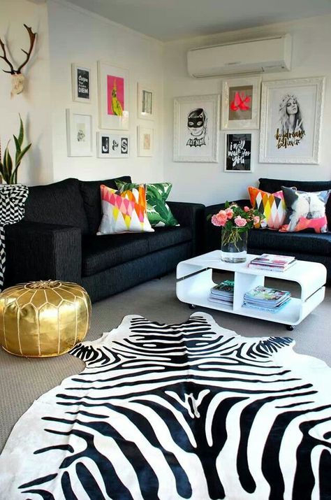 Zebra Print Rooms, Bright Room Colors, Zebra Print Rug, Zebra Pillows, Zebra Rug, Brown Leather Sofa, Bright Living Room, Glam Room, Minimalist House Design