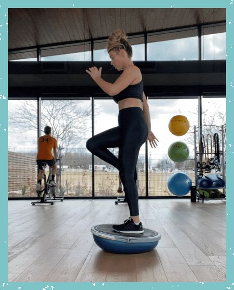 19 Best Bosu Ball Exercises for a Total Body Workout - PureWow Bosu Upper Body Workout, Body Ball Exercises, Bosu Ball Leg Workout, Bosu Ball Workout Glutes, Bosu Ball Balance Exercises, Balance Training Exercises, Plank Muscles Used, Body Ball Workout, Toxic Brother