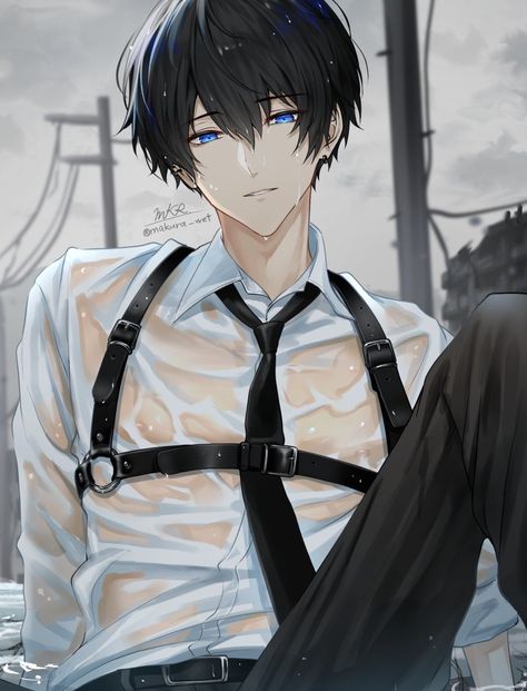 Anime Wet Hair, Anime Boy Black Hair Blue Eyes, Black Hair Anime Guy, White Hair Anime Guy, Teal Eyes, Dark Blue Eyes, Black Hair Boy, Blue Eyed Men, Black Hair Blue Eyes