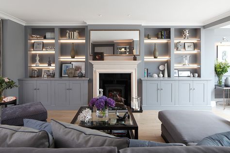 Elegant classic style Alcove units fitting either side of the fireplace. Timeless Living Room Shelving, Alcove Ideas Living Room, Snug Room, Built In Shelves Living Room, Living Room Wall Units, Media Furniture, Cosy Living Room, Living Room Shelves, Living Room Green