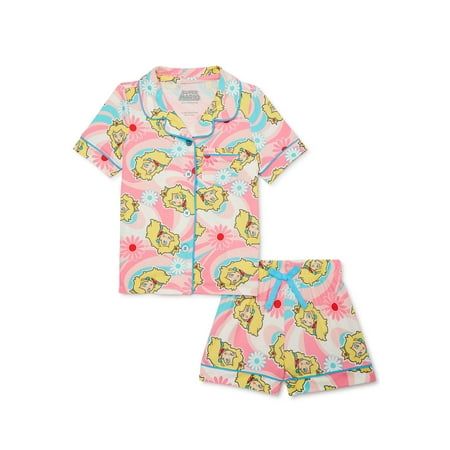 This 2-piece Princess Peach pajama coat set is perfect for your gamer in training! This 2-piece sleep set includes a short sleeve, notch collar top and a sleep short. The sleep top is short sleeve with a notch collar, a front patch pocket, front button closures with glitter buttons, and contrast trim details. The sleep short includes an elastic waistband for easy wear and removal as well as a non-functional drawstring. The sleep top and sleep short both feature an all-over Princess Peach themed print. The coat set is made of a soft polyester jersey fabrication that is lightweight and comfortable for lounging. This sleep set is flame resistant and machine washable for easy care. Get them ready for bed with their favorite Super Mario character and sleep in style! Size: 4T.  Color: Pink.  Gen Short Sleeve Coat, Peach Shorts, Coat Set, Soft Pajamas, Sleep Set, Notch Collar, Boys Clothes, Kids Outfits Girls, Girls Characters