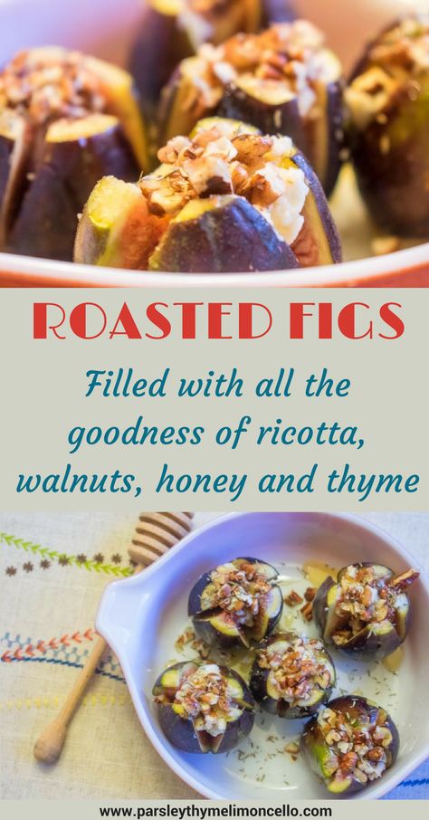 Roasted Figs with Ricotta, walnuts, honey, thyme Roasted Figs With Honey, Figs And Cream Cheese, Figs With Ricotta And Honey, Fig Ricotta Appetizer, Baked Figs With Honey, Fresh Fig Appetizer Recipes, What To Make With Figs, How To Eat Figs, Figs With Cheese