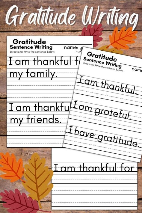 Printable writing sentence worksheets with a focus on gratitude sentences with sentence starters like: I am thankful and I am grateful. Includes lined paper (5 levels) for free write responses and drawings. Kids can write the sentences and practice using capital letters, spacing and period punctuation. Students can write each gratitude sentence by tracing, copying or creating their own. Great for handwriting practice with a pencil. Help students with their confidence & practice handwriting. Journal Handwriting, Writing Sentences Worksheets, Practice Handwriting, Sentence Starters, I Am Thankful, Sentence Writing, Opinion Writing, Informational Writing, Teacher Printable