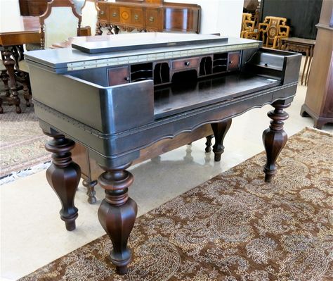 Price guide for DARK MAHOGANY SPINET DESK, H.E. Shaw Furniture Spinet Desk, Spinet Piano, Antique Writing Desk, Dark Mahogany, Antiques And Collectibles, Acanthus Leaf, Price Guide, Neoclassical, Furniture Companies