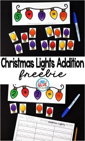 Christmas Lights Addition is the perfect addition to your math center. This free printable is perfect for kindergarten and first grade students. Christmas Math Centers, Christmas Math Activities, Christmas Addition, Holiday Math, Christmas Teaching, Christmas Centers, Math Crafts, Christmas Kindergarten, Printable Math Worksheets