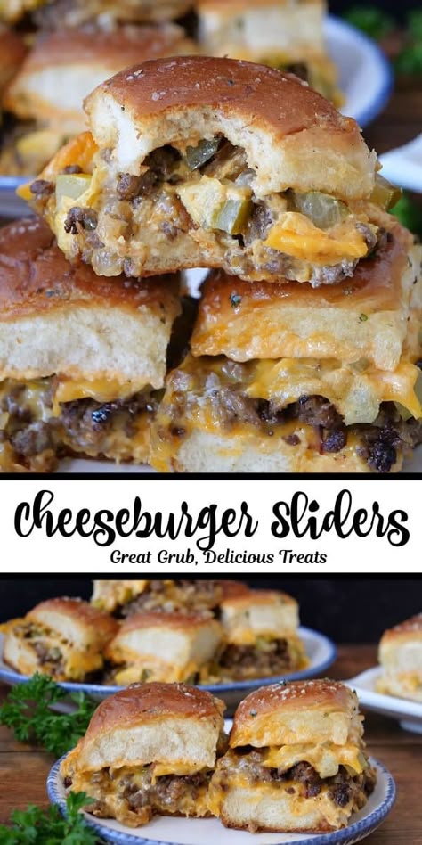 Cheeseburger Sliders are a hearty and delicious appetizer or main dish recipe, made with seasoned ground beef, American cheese, a yummy burger sauce, and dill pickles all nestled into Hawaiian slider buns, topped with a garlic butter and baked. Cheese Burger Sliders Hawaiian Rolls, Tea Finger Sandwiches, Homemade Burger Sauce, Cheeseburger Bites, Awesome Sandwiches, Ground Beef Sliders, Burger Sliders Recipes, Sliders Recipes Beef, Sliders Recipes Hawaiian Rolls