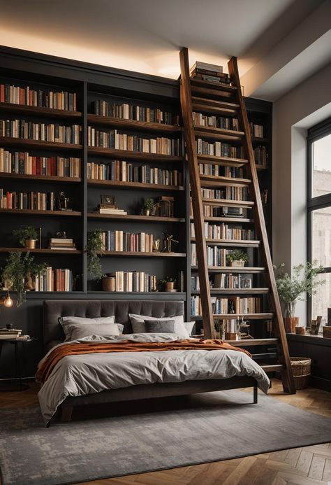 Studious Library Loft with Sliding Ladder 0 Ladder Bedroom Ideas, Bedrooms With Library, Library In The Bedroom, Small Library Bedroom Ideas, Library Style Bedroom, English Inspired Bedroom, Library Spare Bedroom, Bedroom With Library Bookshelves, Bookshelf With Ladder Aesthetic