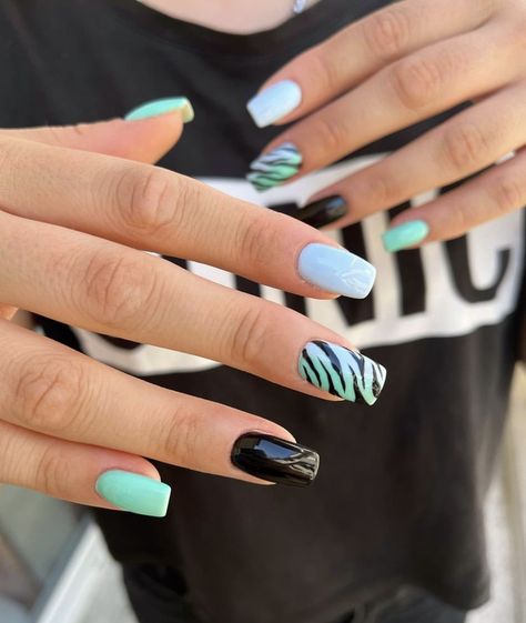 Light Blue And Black Nails, Blue Nails Fall, Black And Green Nails, Blue And Black Nails, Nails Fall Nails, Zebra Nails, Baby Blue Nails, Nails 2023, Nails Black